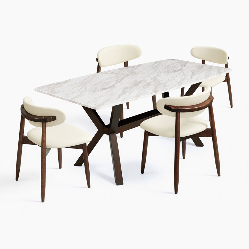 5-Piece Marble Solid Wood Dining Set With Upholstered Kitchen Chairs, 5 Pieces: Table, 4 Chairs