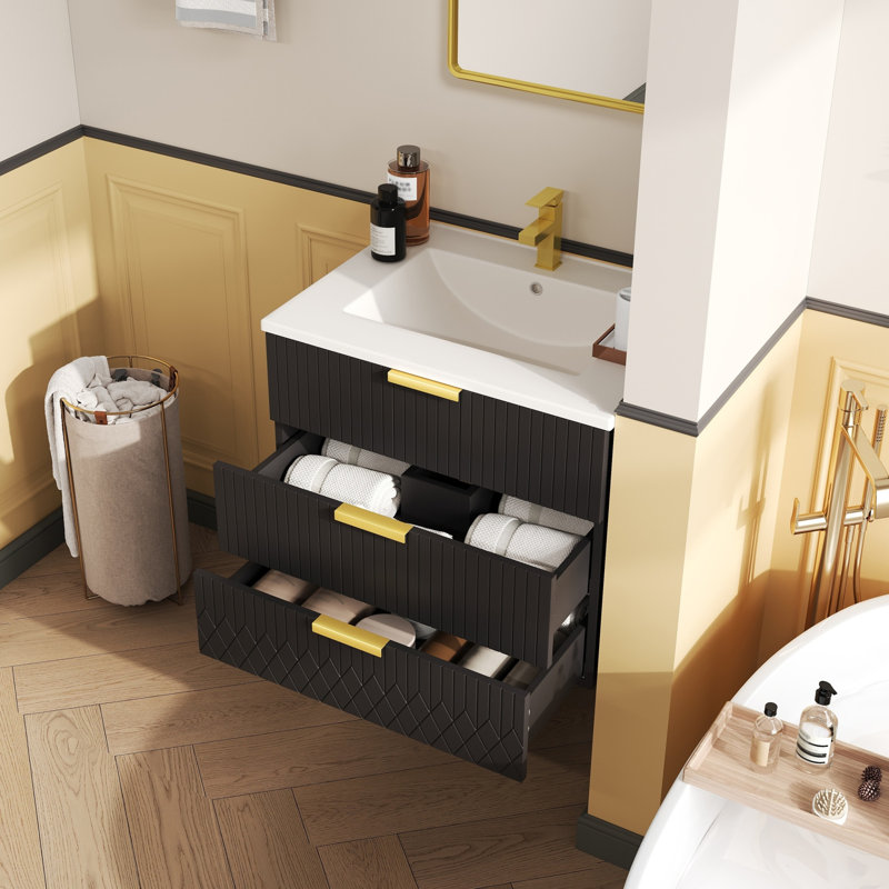 Armoire flottante murale 24 po avec tiroir double, petit lavabo de salle de bain flottant rectangulaire avec trou de robinet simple et trop-plein