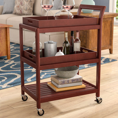 3 Tier Wooden Mobile Bar Cart With Lockable Wheels, Walnut