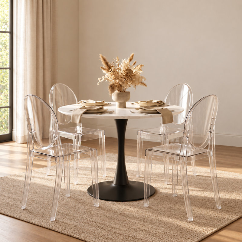 Chaise fantôme en acrylique transparent Brayan - Chaise de salle à manger à dossier rond moderne et siège d'appoint - Chaise d'appoint en Lucite résistante aux égratignures, ensemble de 2 et de 4