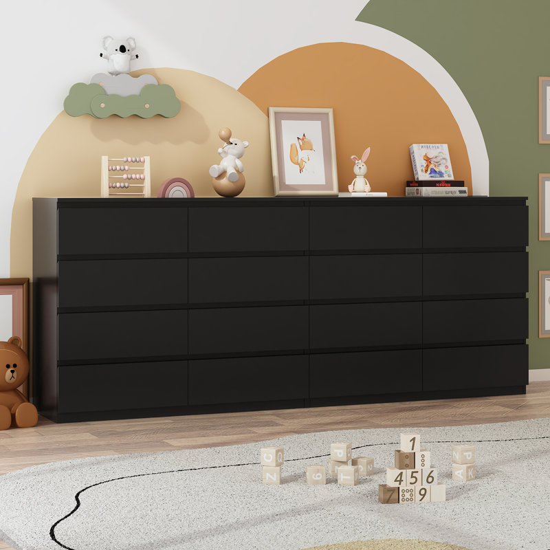 87" 16-Drawer Dresser & TV Stand With Charging Station For Bedroom, Living Room, Entryway, Black