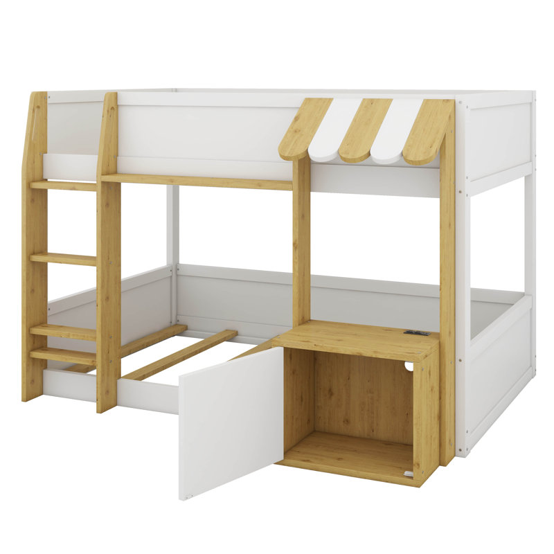 Lit superposé avec bureau, cadre de lit superposé avec armoire de rangement, escabeau large, garde-corps, ports USB