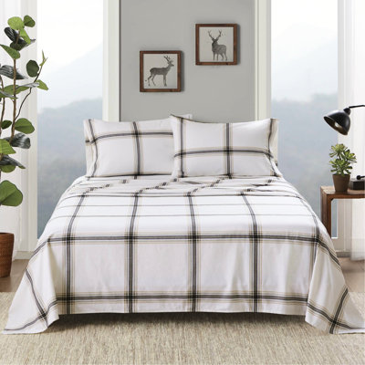 4 Pcs Queen Sheet 100% Cotton Flannel Tan Plaid Twin/full 12" Queen/king/ King 14" Mattress Fit Both Sides Brushed Elasticized Fitted Soft Velvet Feel - Machine Washable With 1 Flat