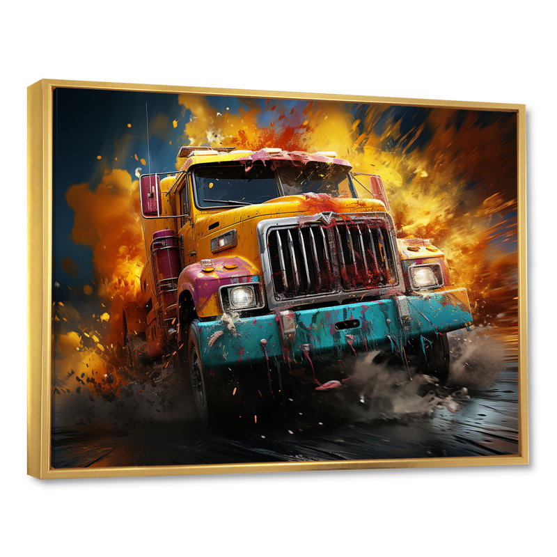 «Expressionist Monster Truck Fury II» sur toile, H 30 po x l 40 po x P 1,5 po, Cadre flottant doré