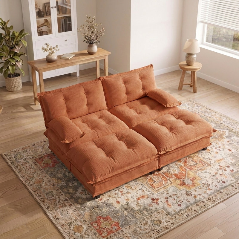 Canapé d'angle modulaire moderne de 195 cm avec 2 poufs et assise profonde, Orange