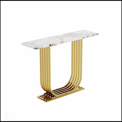 Modern Wooden Imitation Marble Console Table With Gold U-Shaped Metal Frame, Perfect For Narrow Spaces In Living Room Or Bedroom