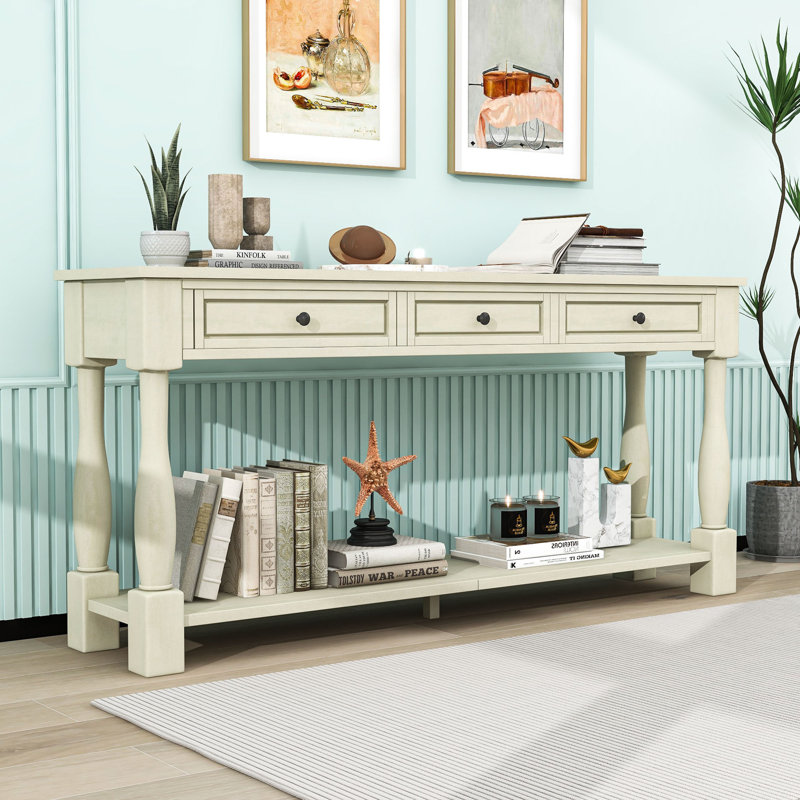 Versatile Wood Console Table with Three Drawers and Bottom Shelf, Antique White