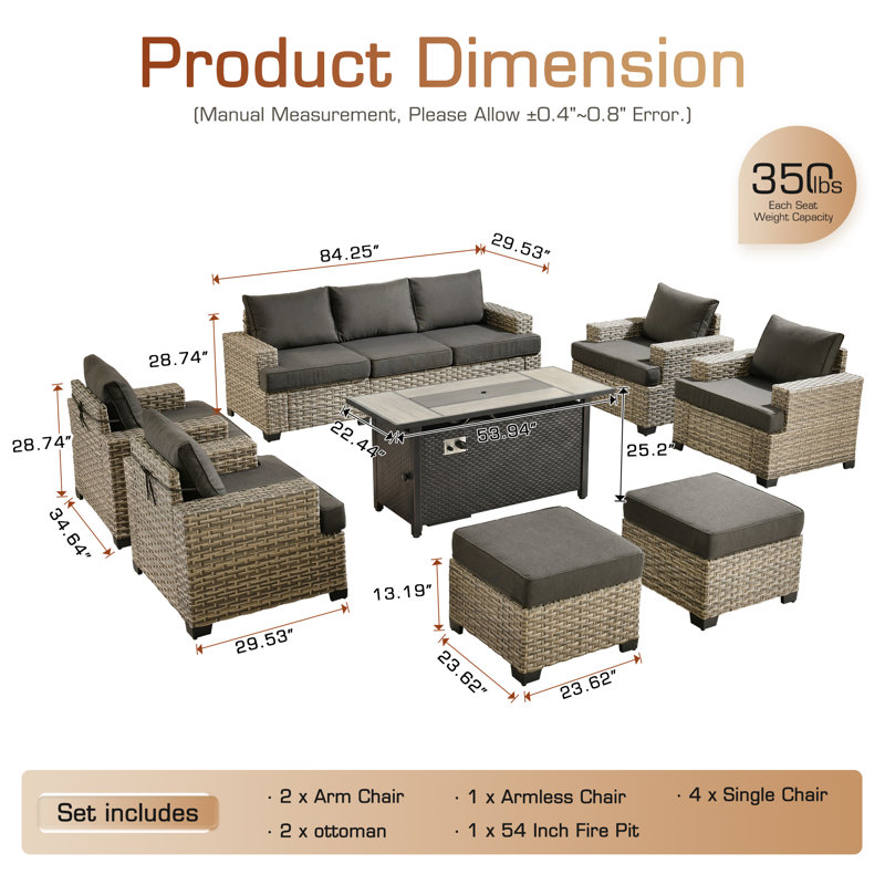 Carolle 9 Piece Patio Furniture With Fire Pit Table, 9-person Comfy Outdoor Rattan Wicker Conversation Set For Porch Balcony Backyard Pool