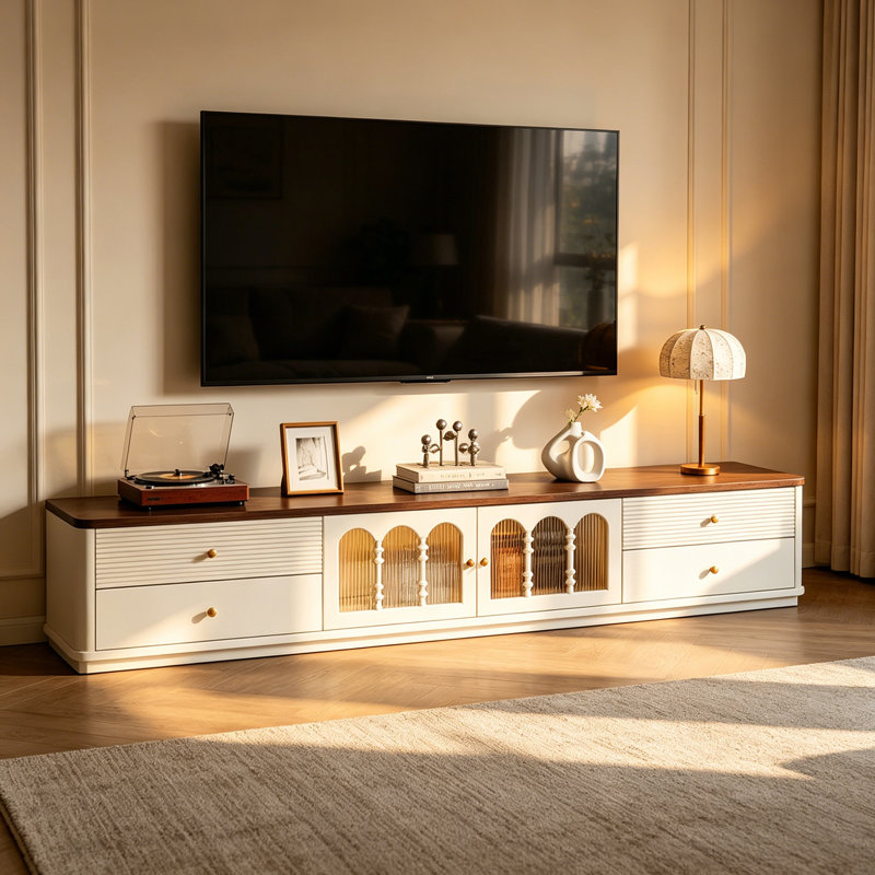 Console de télévision rétro en bois avec beaucoup de rangement, 17.71" H x 94.48" W x 15.74" D, White/Brown