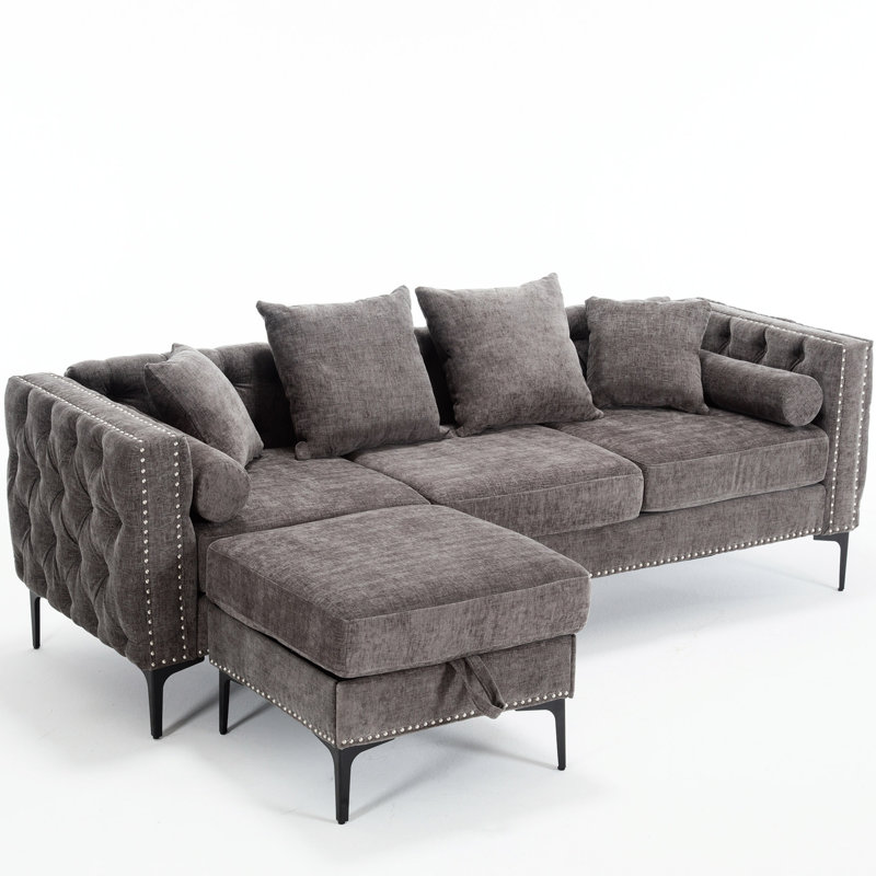 Canapé modulaire en L en chenille avec accoudoirs carrés, dossier, gris foncé et rangement