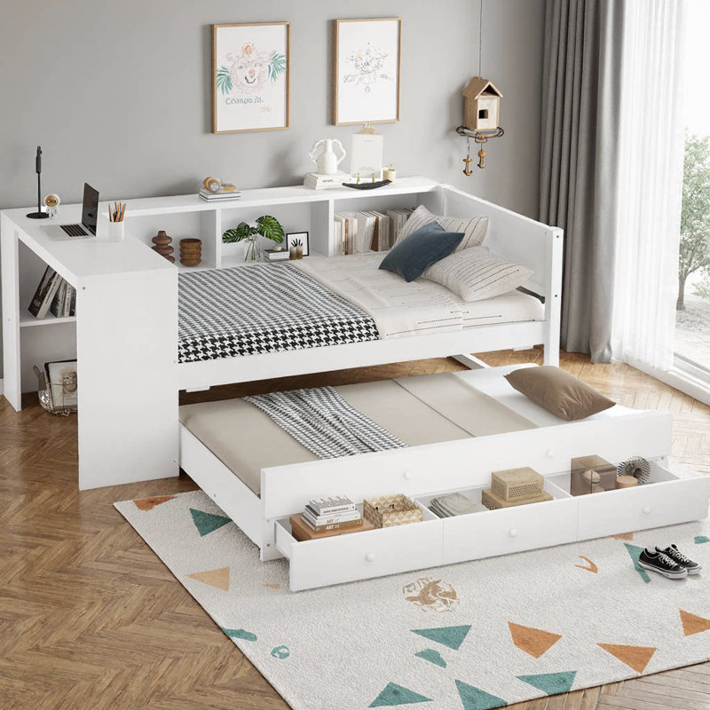 Lit de jour simple avec lit gigogne, structure de lit de jour en bois avec tiroirs de rangement, tablettes latérales et bureau intégré, aucun sommier tapissier requis, lit de rangement multifonctionnel
