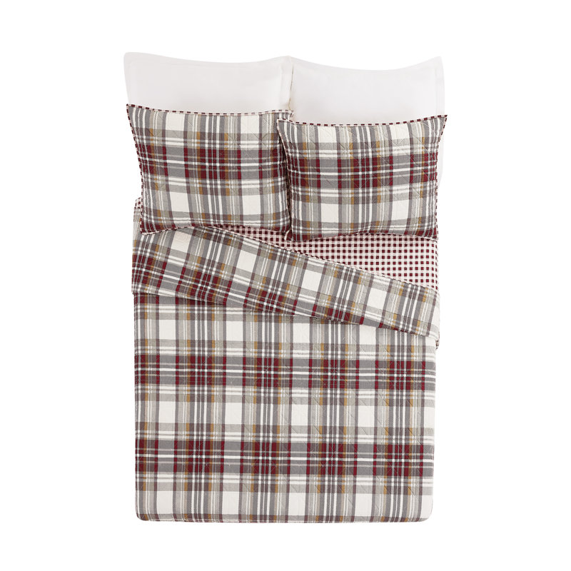 Camden Gray and Red Cotton Plaid Full Quilt Set