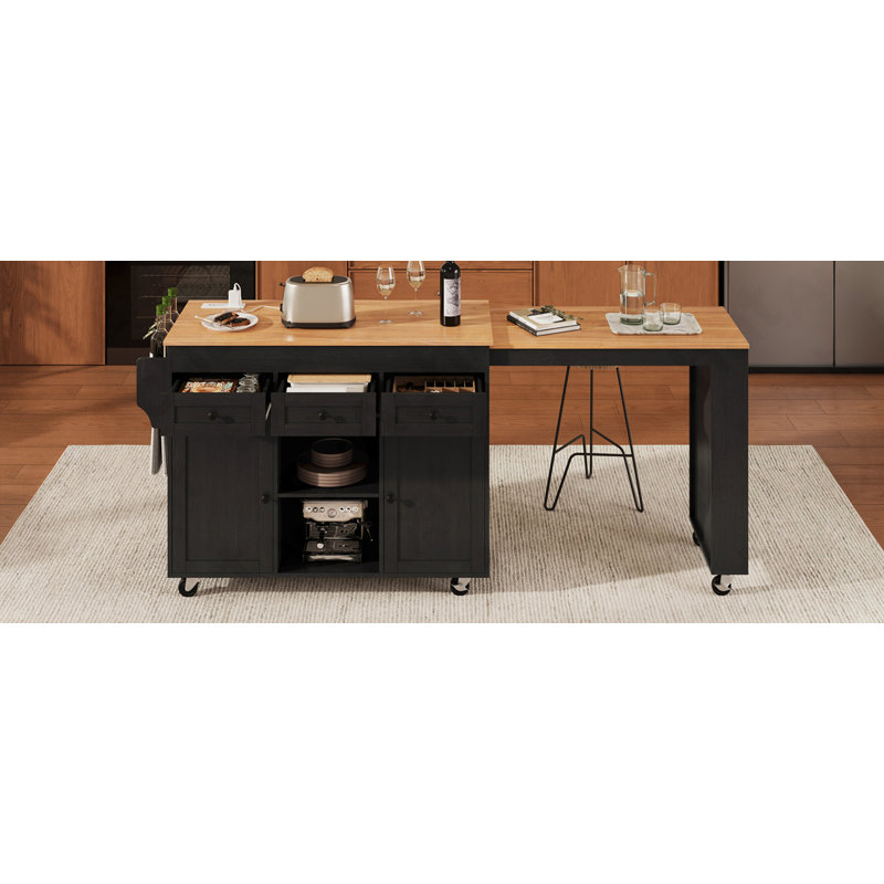 85.5" Kitchen Island With Extendable Dining Table, Kitchen Storage Table With 3 Side Open Shelves, Rolling Kitchen Island With Power Outlet, 3 Drawers, 2 Doors, For Kitchen, Dining Room, Black
