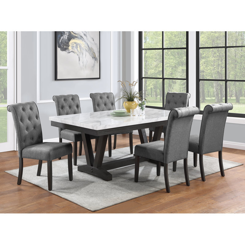 Apicella White Faux Marble Dining Set, Gray, 7 Piece