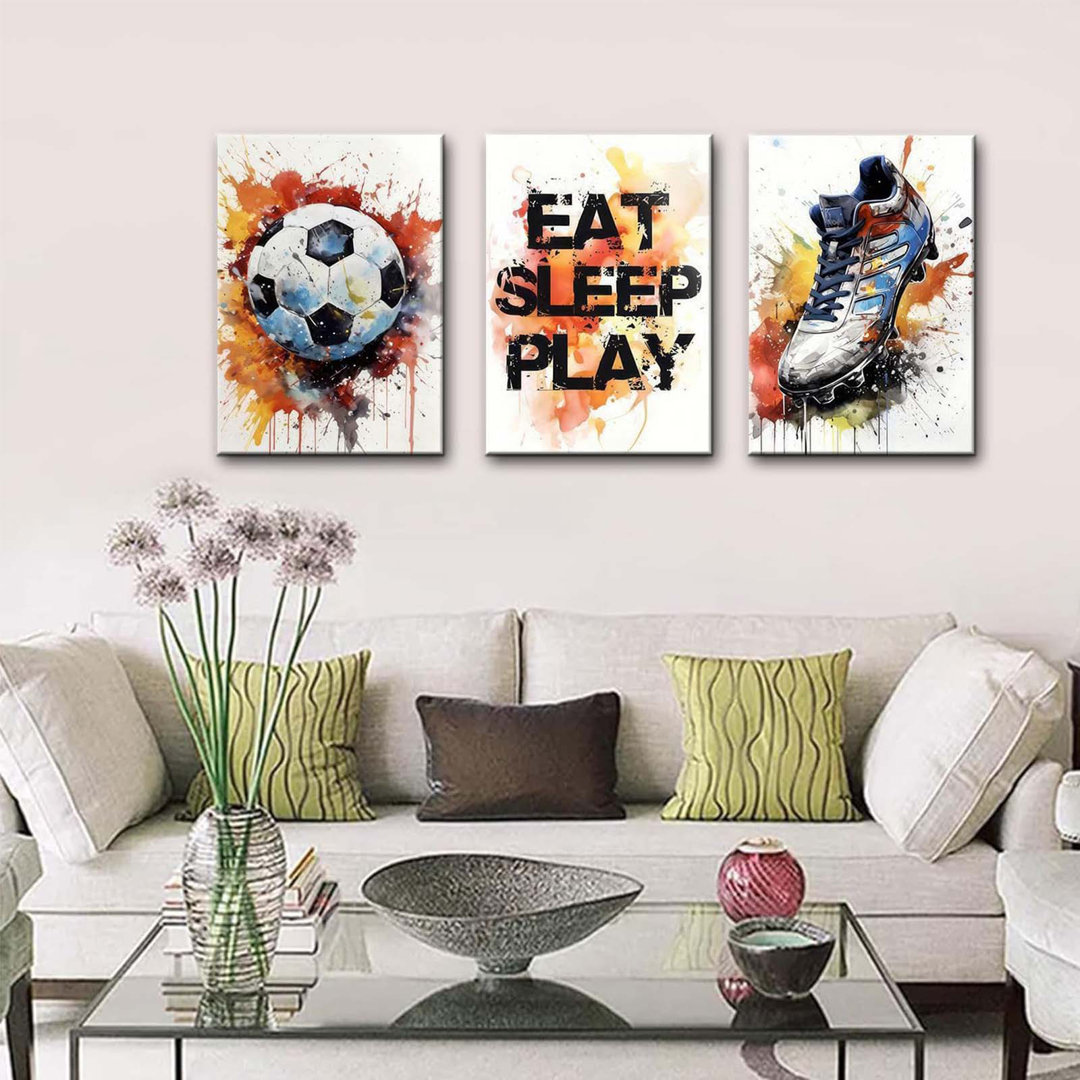 Graffiti Soccer Canvas Wall Art Sports Colorful Painting Picture Football Sneaker Gaming Posters Decor Prints Set Of 3 For Teen Room Kids Playroom Bed