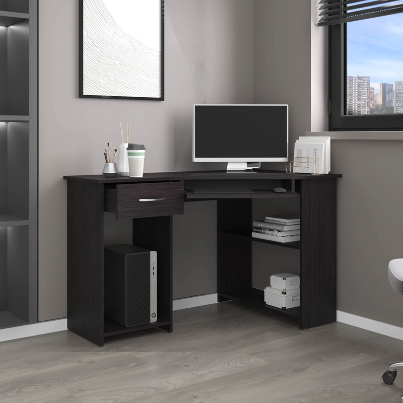 Bureau en coin Jasper, design en forme de L peu encombrant avec deux tablettes latérales, noir et noyer foncé