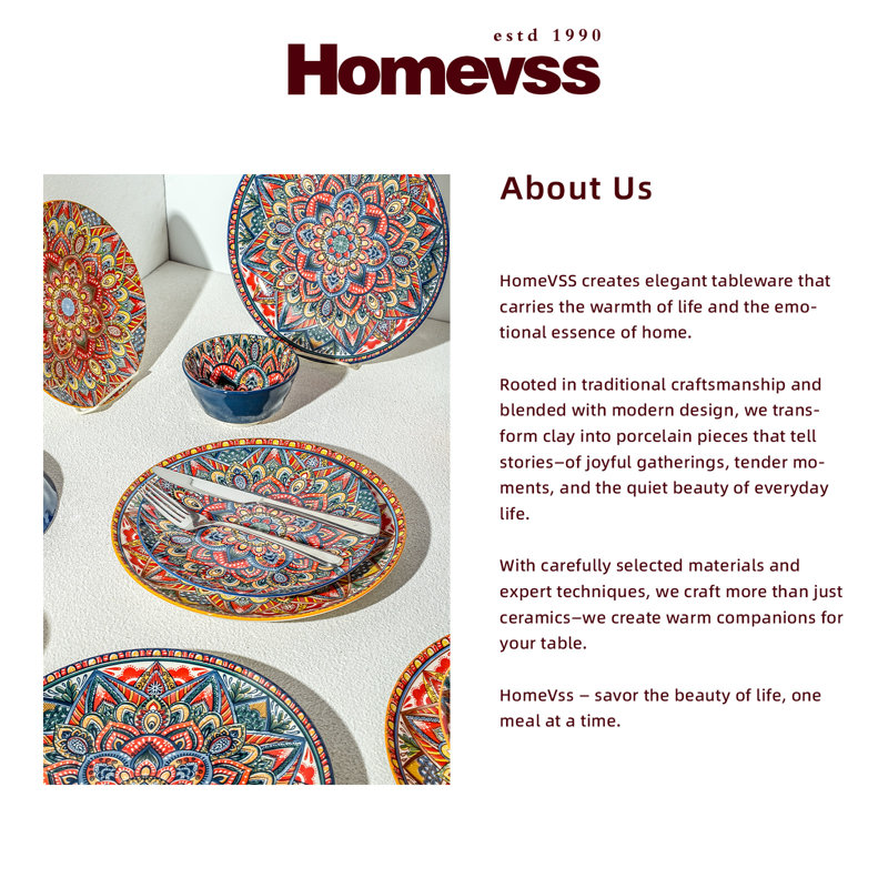 Ensemble de vaisselle, assiettes et bols en porcelaine 10 pièces HomeVSS Bohemian, Mélange de bleu et d'orange