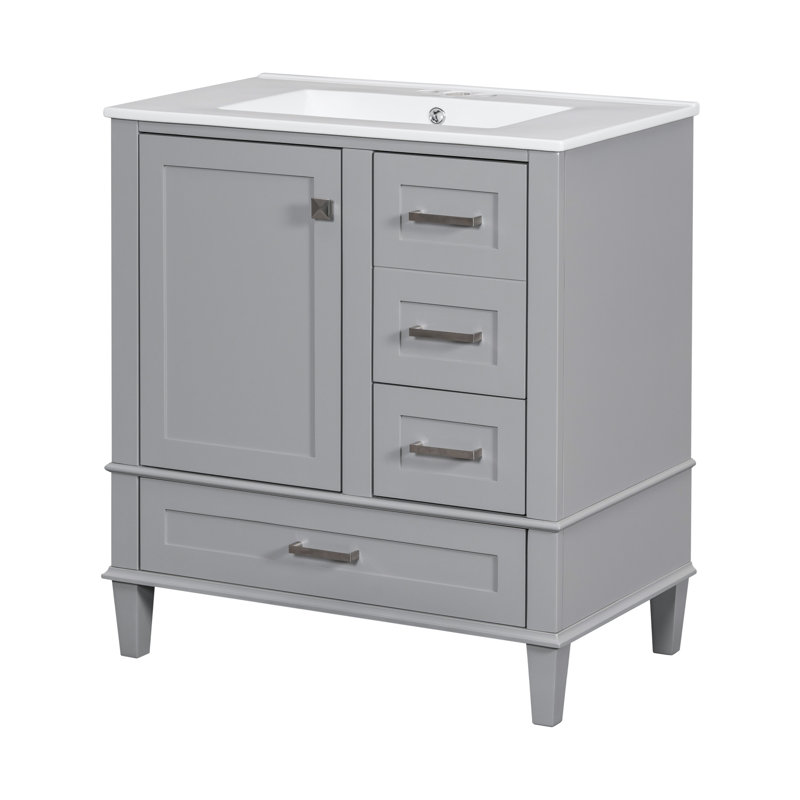 Meuble-lavabo gris Vanatta de 30 po, armoire moderne avec lavabo en céramique, structure en bois massif, 3 tiroirs et porte à fermeture silencieuse