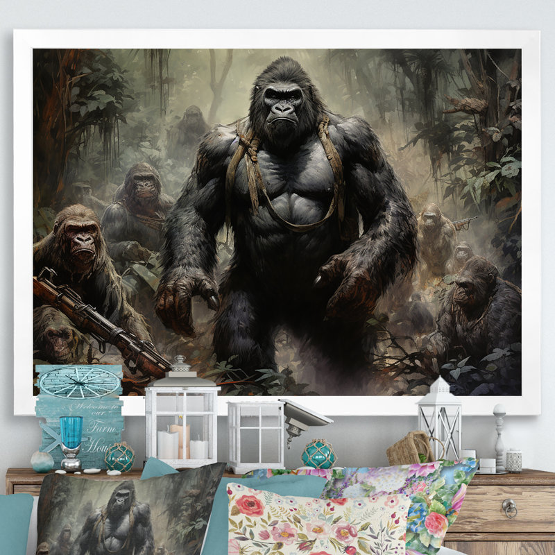 «Gorilla Soldier Jungle Journey», reproduction sur toile, Cadre simple blanc, H 12 po x l 20 po x P 1 po