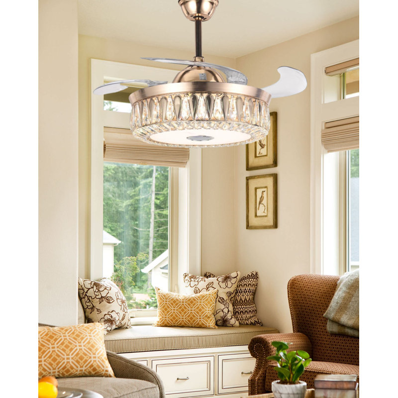 43" Retractable Blades Crystal Ceiling Fan with LED Light & Bluetooth, 3-Speed Dimmable Modern Gold Ceiling Fan Light for Living Room, Bedroom, Dining Room