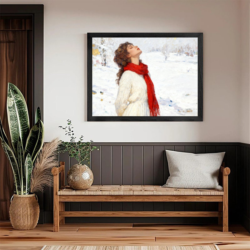 Art encadré noir, femme bohémienne, impression de paysage enneigé impressionniste, H 25 po x l 37 po