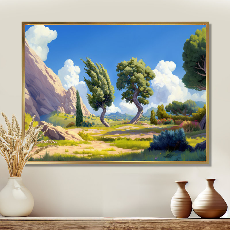 «The Swaying Cypress Pointillism V - Van Gogh», art mural, H 16 po x l 32 po, Reproduction avec cadre flottant, Doré