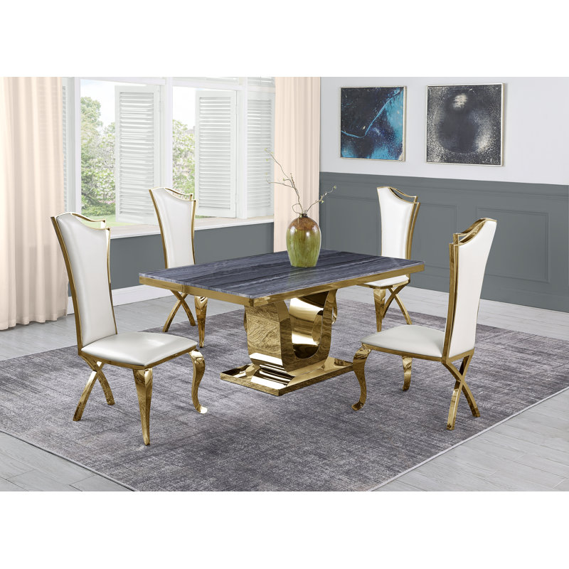 Sipos Marble Top Pedestal Dining Set, 5, White