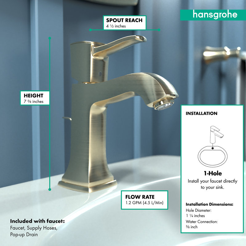 Robinet à un trou Hansgrohe Metropol Classic 110 avec ensemble de drain, 1,2 gal / min, Bronze brossé