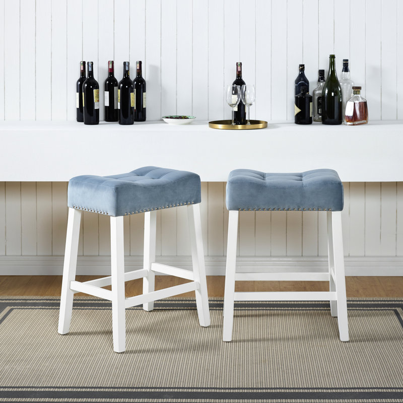 Tabourets de comptoir 2, siège de selle en velours, bleu, blanc délavé, 2, sièges bleus,, Bleu