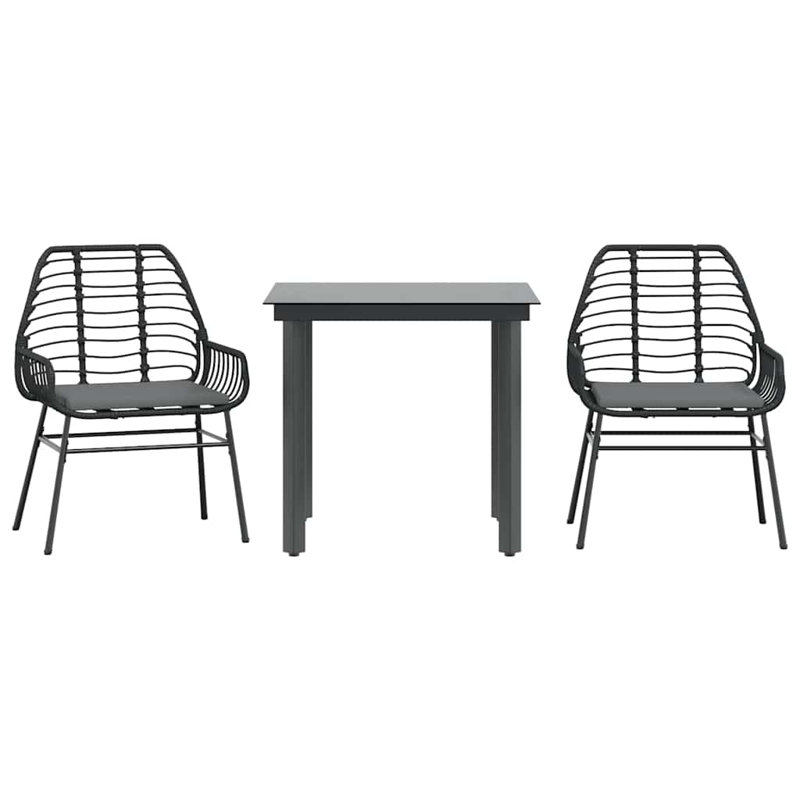 Ensemble repas de patio avec coussins en verre et poly rotin, Noir / Noir, H 29,1 po x l 31,5 po x L 31,5 po, 2
