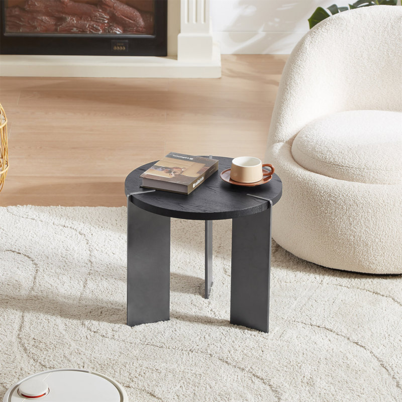 Table basse ronde en bois de chêne noir et pieds en métal noir, Noir, Noir