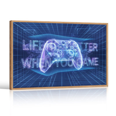 Blue Low Poly Game Controller With Retro Grid And Gaming Canvas Wall Art
