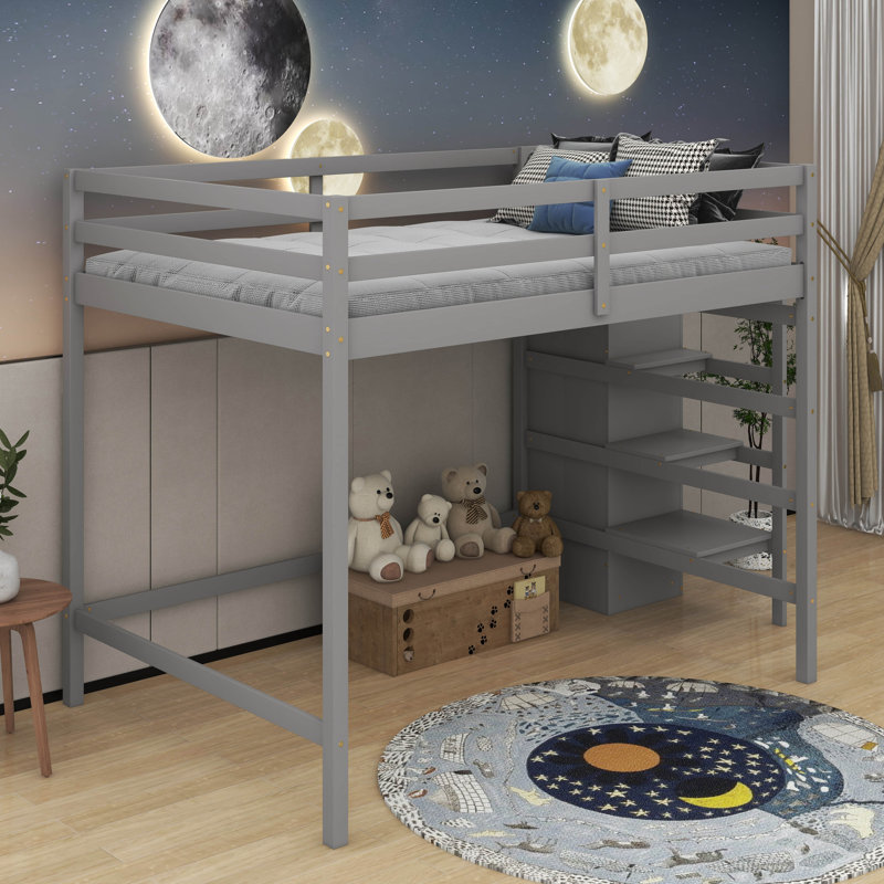 Lit mezzanine double avec garde-robe de rangement, Gris