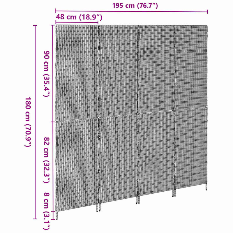4 - Panel Folding Room Divider, Black, 180cm H x 195cm W x 0.16cm D