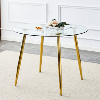 Table de salle à manger ronde en verre transparent de 40 pouces avec pieds en métal doré électrolytique, convenant aux petits espaces de conférence, aux pièces à structure stable,
