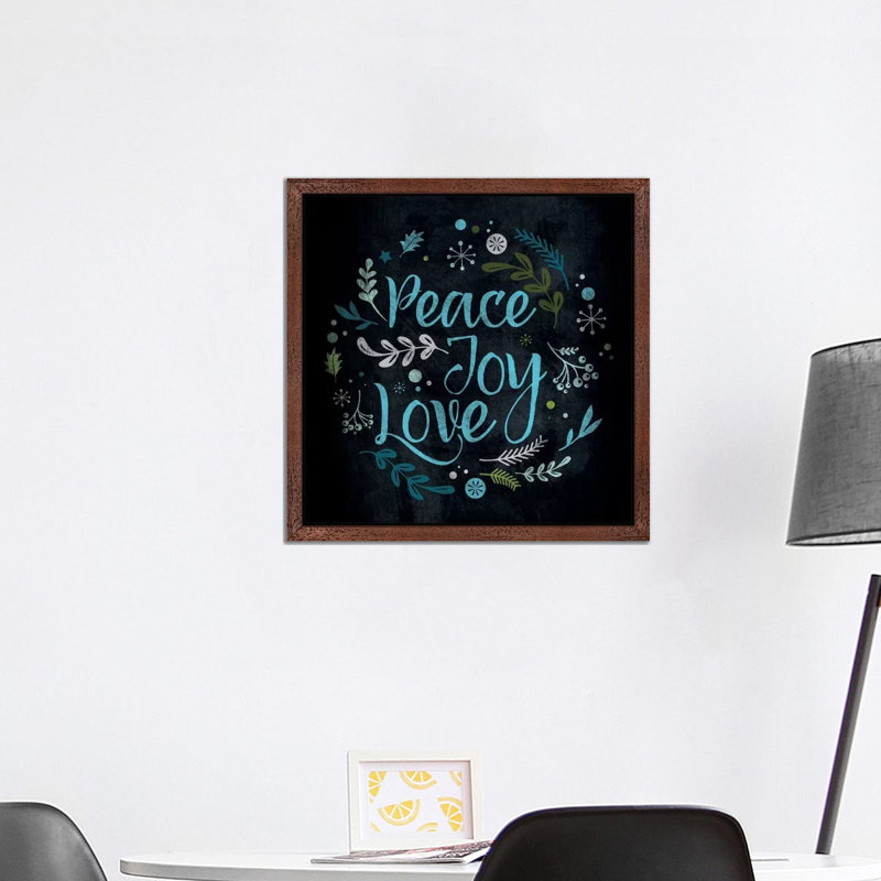 Peace Joy Love In Blue by 5by5collective - Floater Frame Print on Canvas, Brown Framed