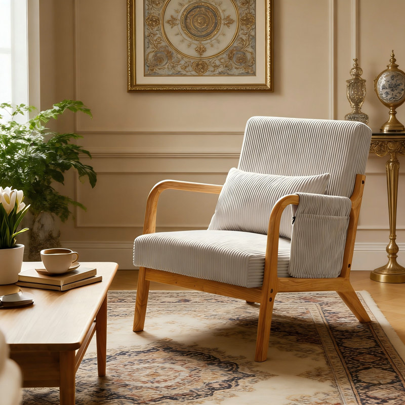 Mid-Century Modern Corduroy Accent Chair with Side Storage Pocket & Lumbar Support, Gray, Beige Wood