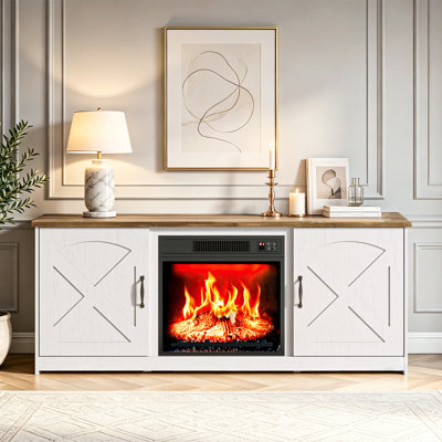 Farmhouse Washed White 54.3" TV Stand For TVs 45"-65" With Electric Fireplace And 2 Barn Doors