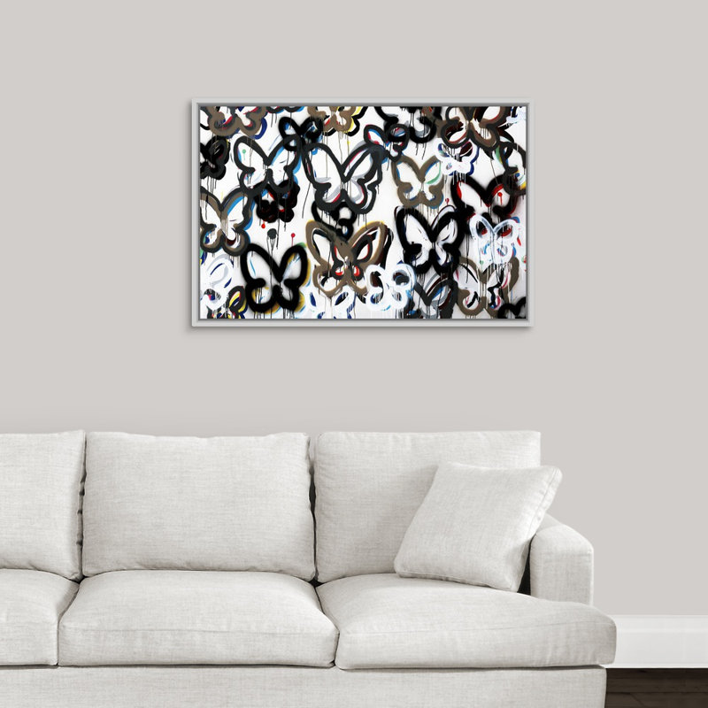 « papillon de fond ii », peinture sur toile, H 25,7 po x l 37,7 po x P 1,75 po, Cadre flottant blanc