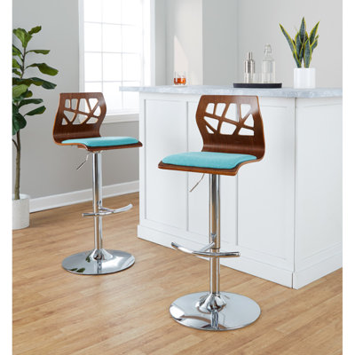 Tabouret de bar réglable avec pivot en métal chromé, bois de noyer et tissu sarcelle avec repose-pieds arrondi en T - ensemble de 2