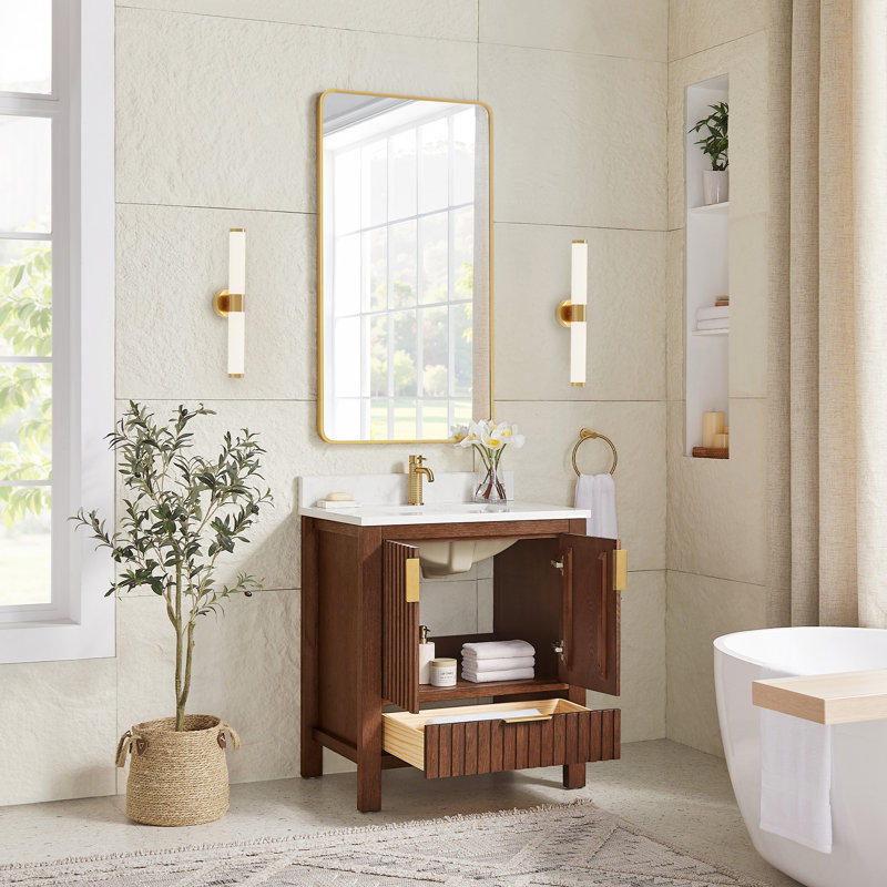 Meuble-lavabo à simple cuve 30 po en chêne brun foncé avec plateau en pierre composite à grain blanc, 30"