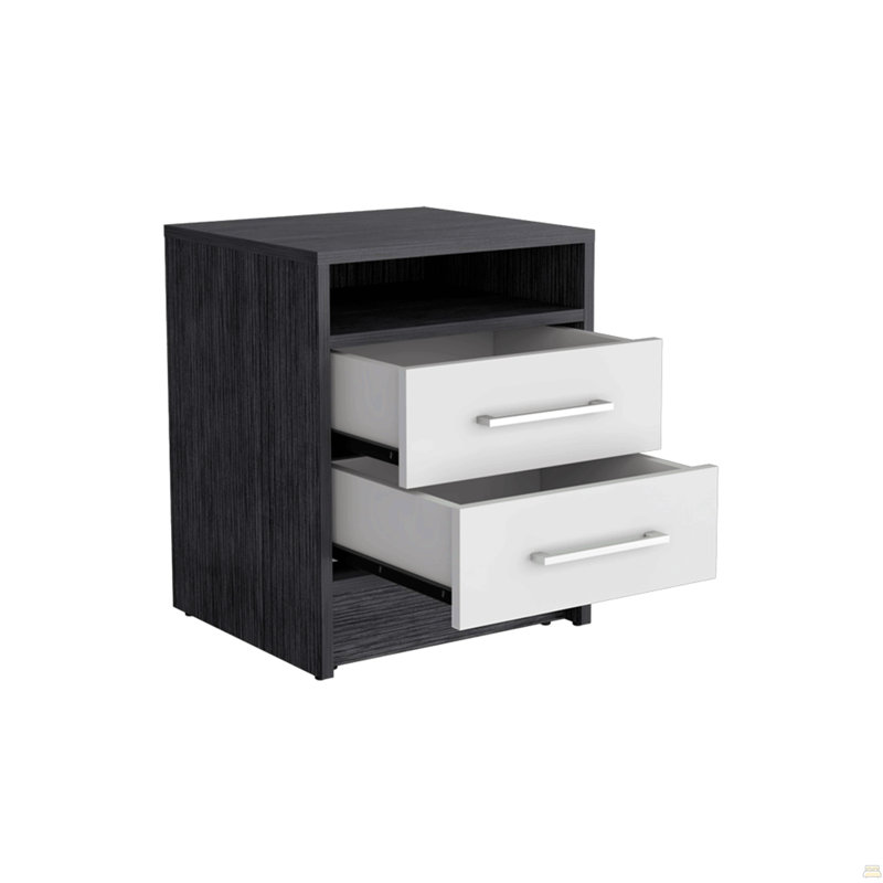 Nightstand Cartiz, Two Drawers, Black/White