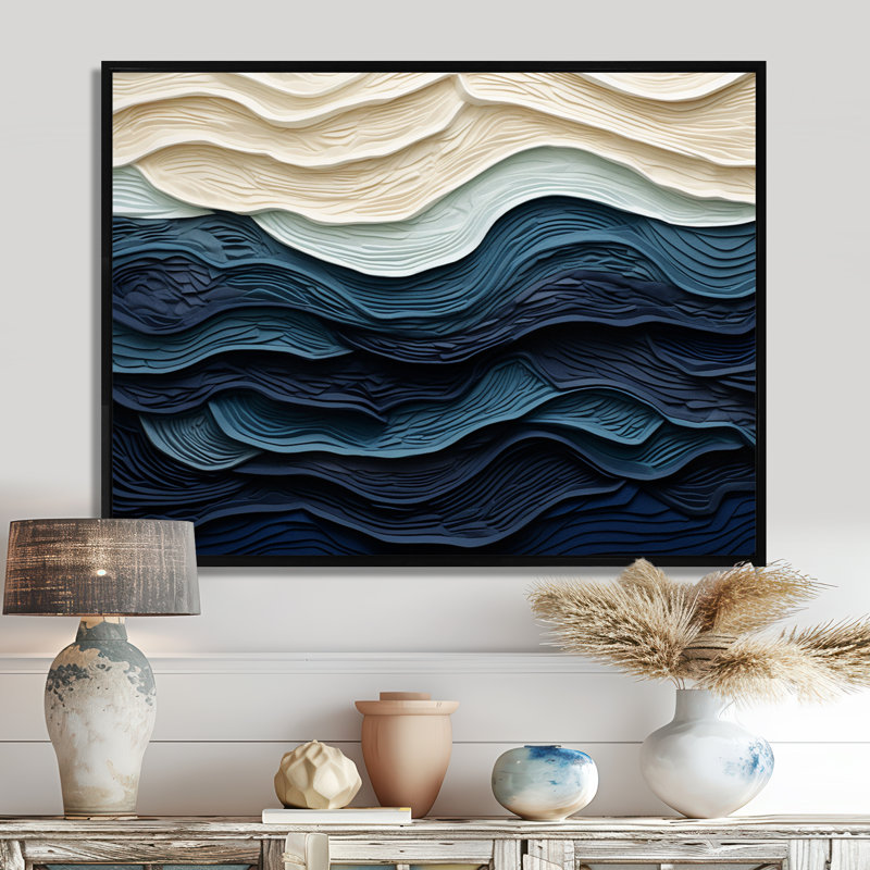«Blue and White Coastal Waves», impression murale abstraite sur toile côtière, H 12 po x l 20 po, Noir