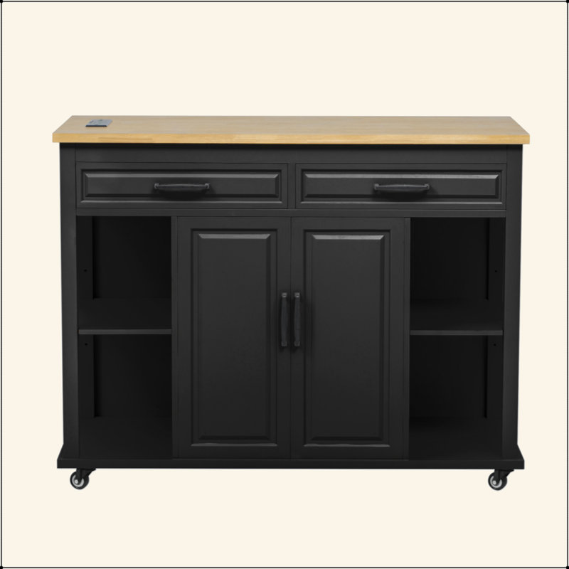 47 Inch Kitchen Island With Extendable Dining Table, Rubber Wood Veneer Kitchen Table With Internal Storage Rack, Power Outlet, Kitchen Island With Storage 2 Drawers 2 Cabinet