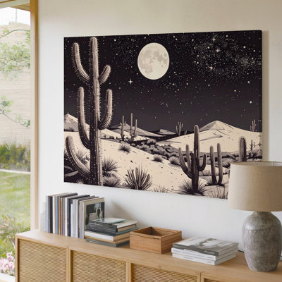 Canvas Wall Art A Monochrome Desert Illustration Of Saguaros Under A Starry Night Sky The Tall Cacti Are Premium Quality Ready To Hang