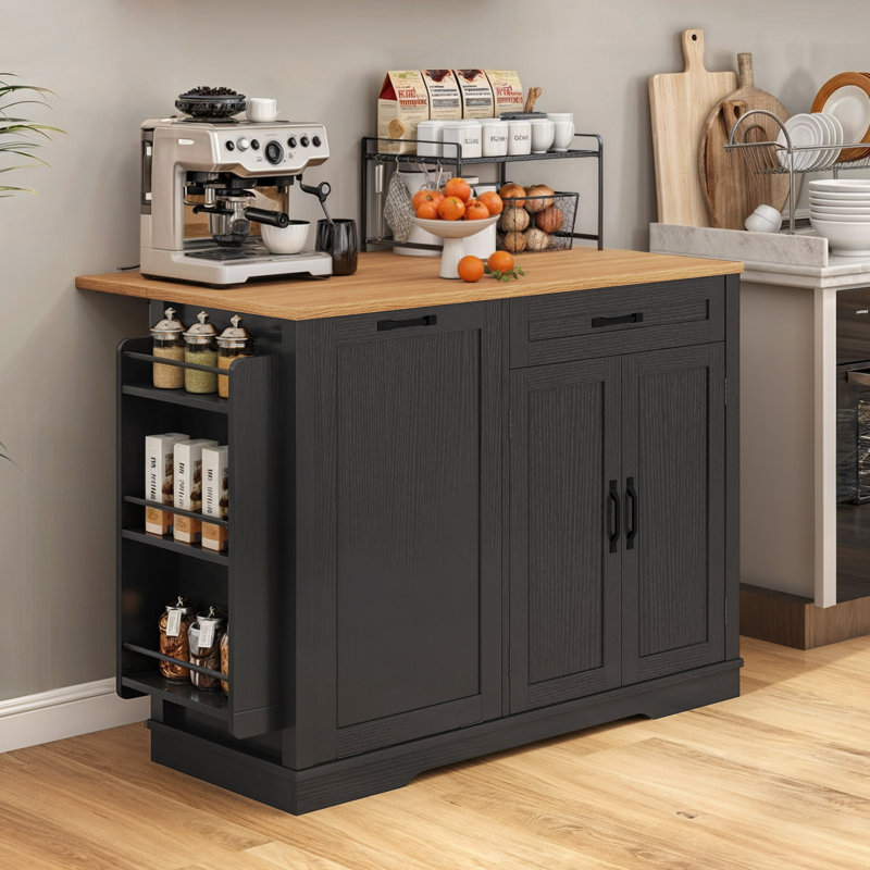 Portable Mobile Rolling Kitchen Island With Trash Can Storage Cabinet & Drop Leaf, Wheels Drawer Cabinet For 13 Gallon Garbage Bin