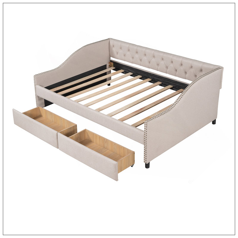 Upholstered Daybed With Two Drawers, Wood Slat Support, Full Size, Beige