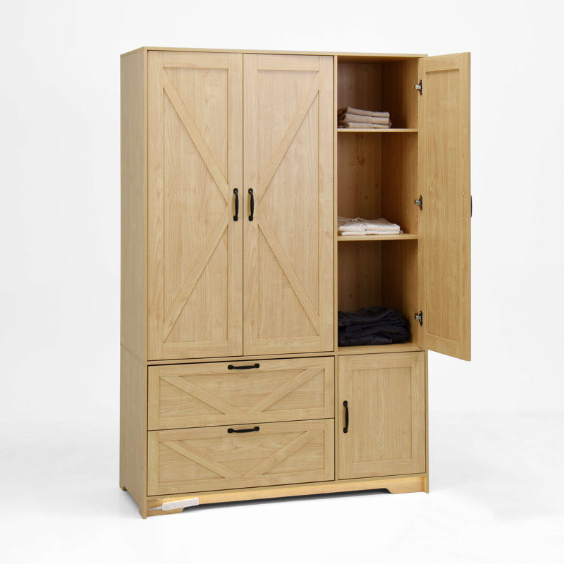 Armoire 4 portes avec miroir, armoire à DEL avec portes et 2 tiroirs, armoire de rangement en bois avec tringle, tablettes réglables