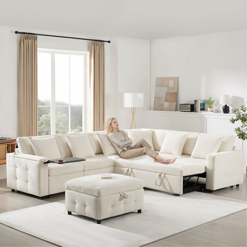 Canapé-lit modulaire coulissant 117 * 90 po avec panneau rabattable, Chenille crème