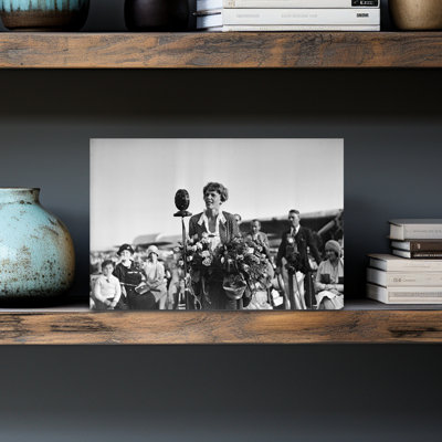 1920s 1929 AVIATOR AVIATRIX AMELIA EARHART SPEAKING TO CROWD HOLDING BOUQUET OF FLOWERS by American Stock - Wrapped Canvas Print